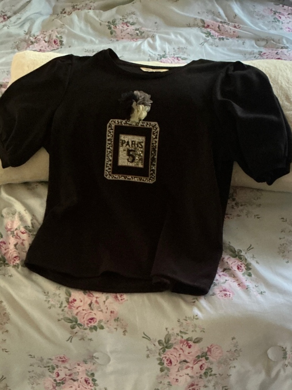 Mini Boden Black Puff Sleeve Tee with Paris Bottle Patch